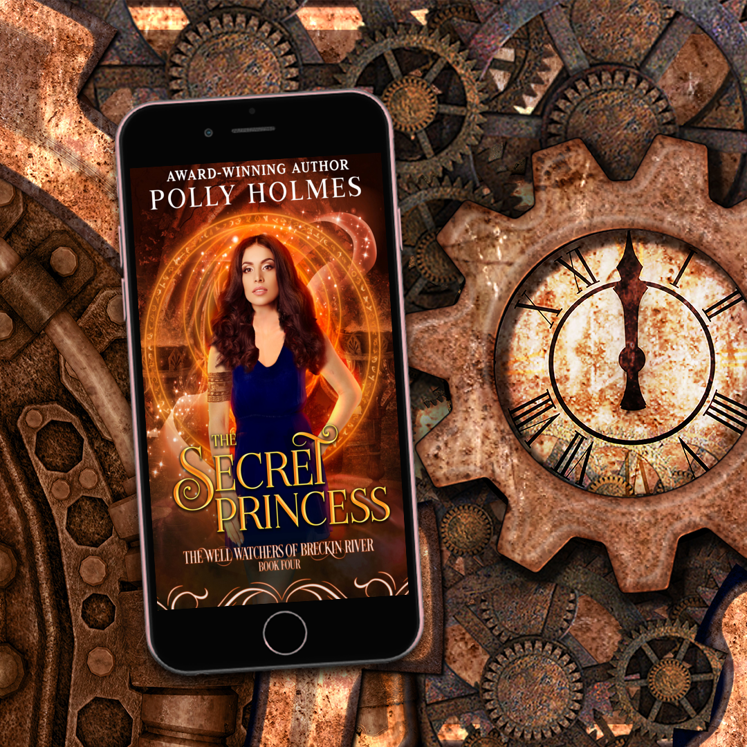 Phone displaying a book cover with a steampunk theme and clock in the background