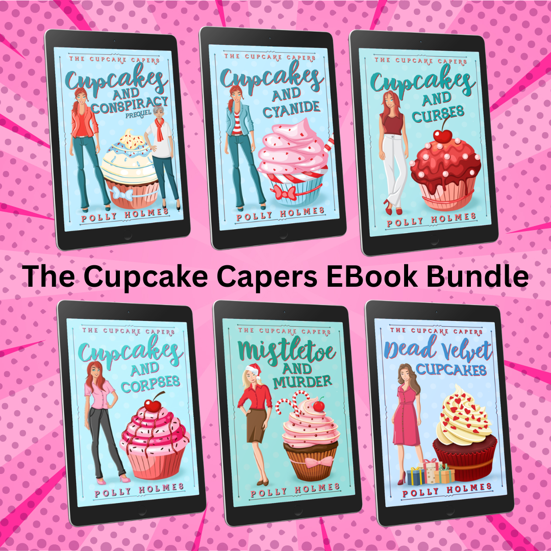 Six e-book covers of 'The Cupcake Capers' series on a pink polka dot background.