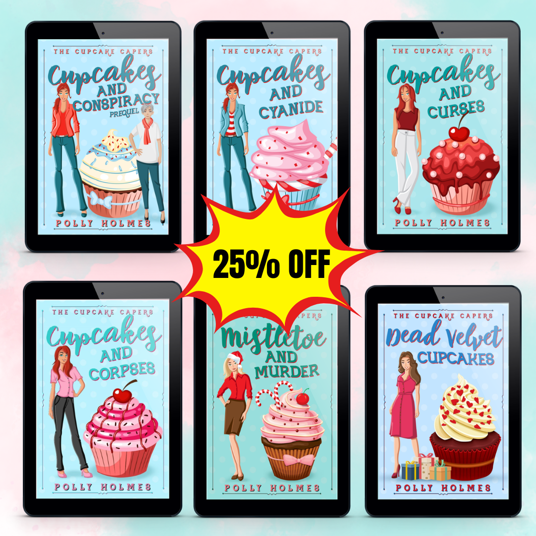Six digital book covers for Polly Holmes' 'The Cupcakes Series' displayed on tablet screens, arranged in a 2x3 grid with a yellow and red '25% OFF' starburst in the center.