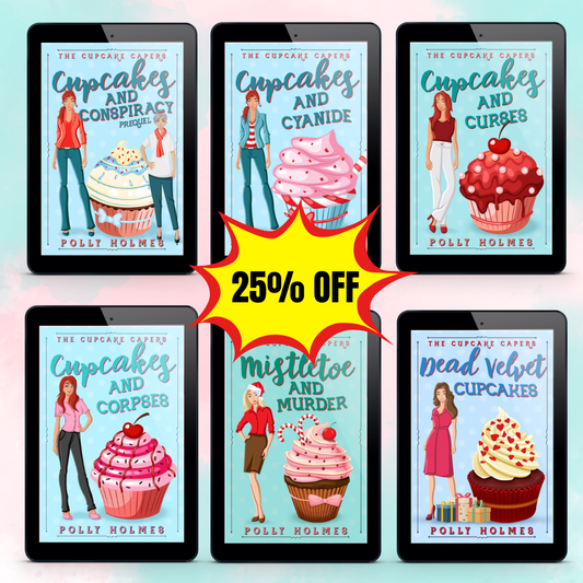 Six digital book covers for Polly Holmes' 'The Cupcakes Series' displayed on tablet screens, arranged in a 2x3 grid with a yellow and red '25% OFF' starburst in the center.